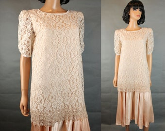 80s Prom Gown Sz S M Vintage Peach Satin Beige Floral Lace Flapper Dress