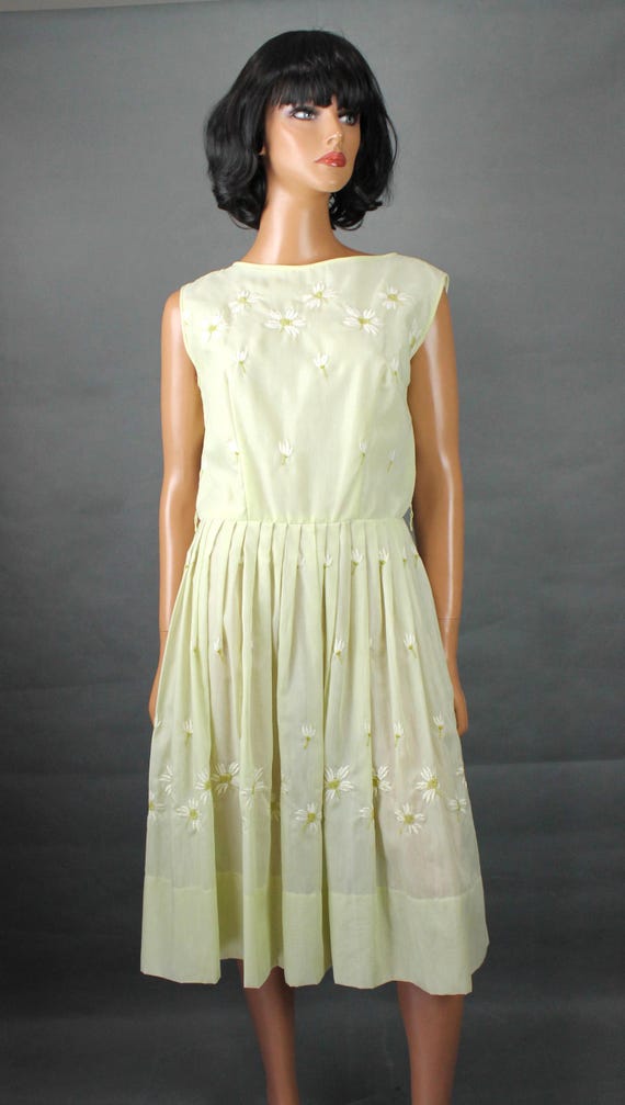 50s Cocktail Dress 16 L Vintage Light Yellow Semi Sheer Embroidered Party  Gown - Etsy