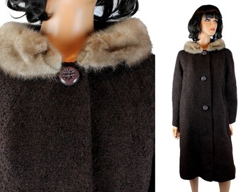 Mink Collar Winter Coat Sz L Vintage 60s Dark Brown Wool Boucle Gray Real Fur