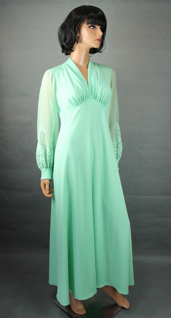 70s Maxi Dress XS Vintage Ming Green Long Sheer C… - image 4