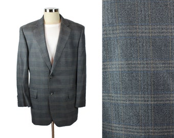 Vintage Checked Blazer 42R Jos A Bank Gray Brown Wool Silk Blend Jacket Coat