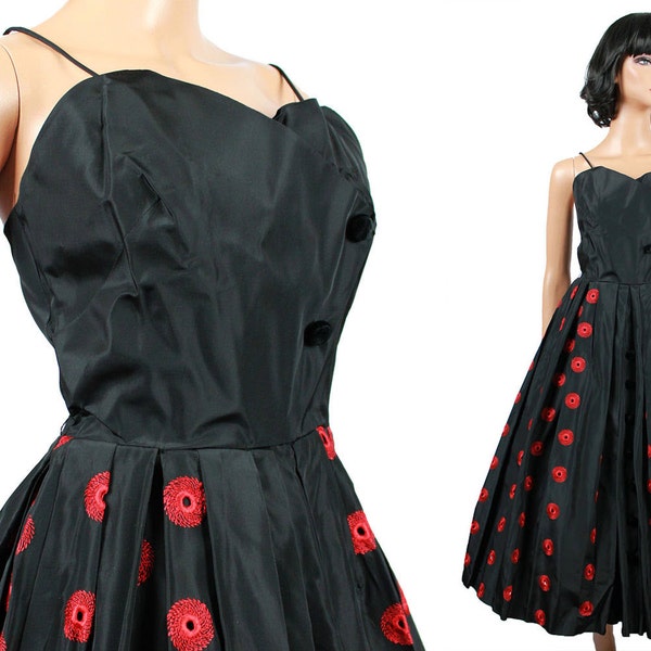 50s Prom Dress XS Vintage Black Taffeta Red Embroidered Sleeveless Cocktail Gown