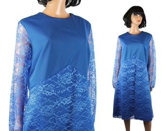 80s Cocktail Dress Sz XL Vintage Cornflower Blue Long Sleeve Lace Prom Gown