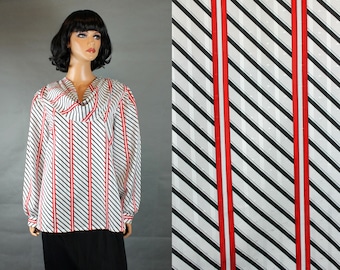 Vintage 80s Blouse 40 XL White Black Red Striped Cowl Neck Dress Shirt Jonquil