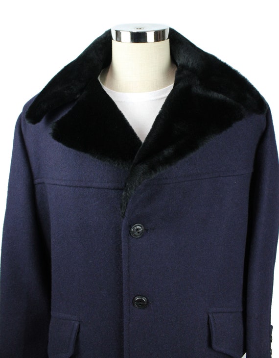 Heavy Winter Coat L Vintage 70s Blue Wool Black F… - image 2