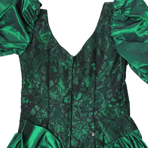 80s Prom Dress Jrs XS Vintage Green Taffeta Black Bead Lace Gown shops Wicked Costume