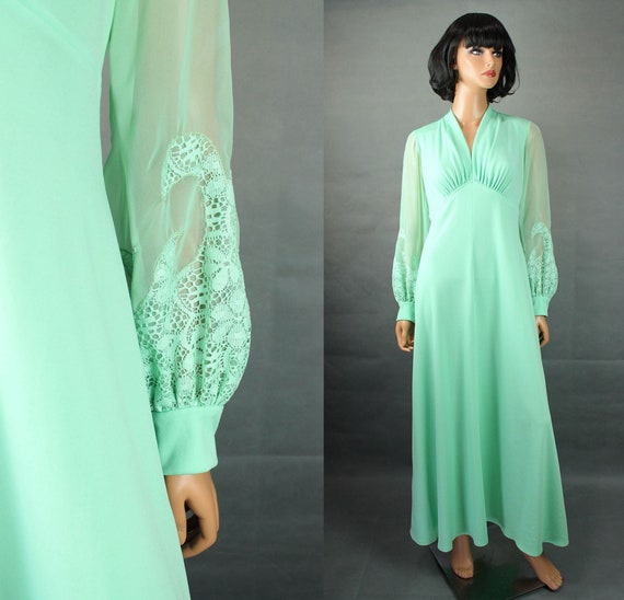 70s Maxi Dress XS Vintage Ming Green Long Sheer C… - image 1