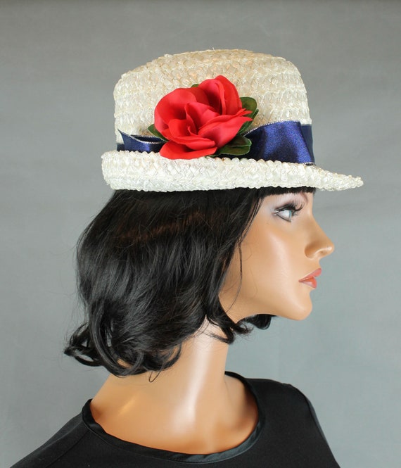 Raffia Trilby Hat Sz M Vintage Red White Blue Lad… - image 1