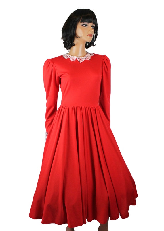 80s Party Dress 6 S Red Long Sleeve Circle Skirt … - image 4