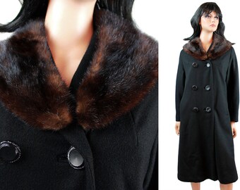 Fur Collar Coat Sz M Vintage 50s 60s Black Wool Brown Mink Muskrat Winter Jacket