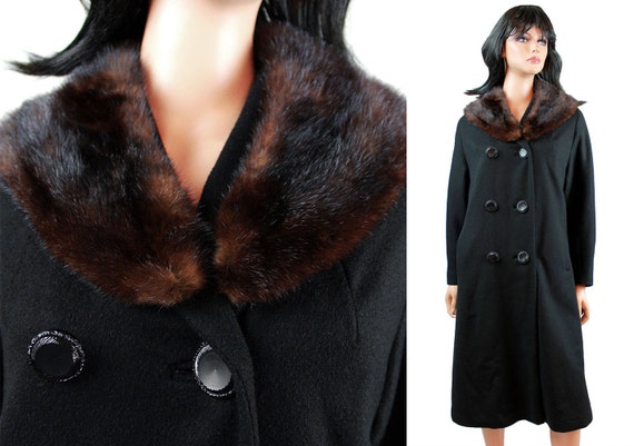 Fur Collar Coat Sz M Vintage 50s 60s Black Wool B… - image 1