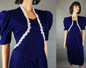 80s Prom Dress XS Vintage Gunne Sax Cobalt Blue Velvet White Lace Cocktail Gown Free US Shipping