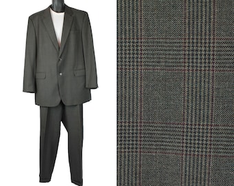 Vintage Wool Suit 46XL 41x34 Gray Glen Check Blazer Pants 2 Piece Jos A Bank