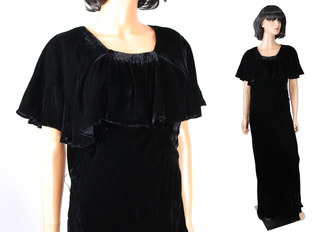 1930s Evening Gown Sz M Vintage Long Black Silk Velvet Cocktail Opera ...
