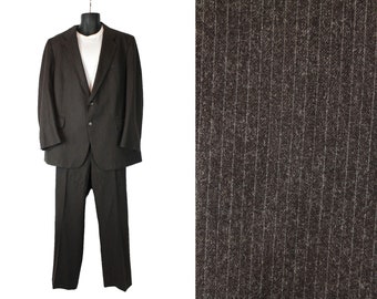 Vintage 2 Piece Suit 44L 42x30.5 Brown Wool Gray Pinstripe Blazer Pants