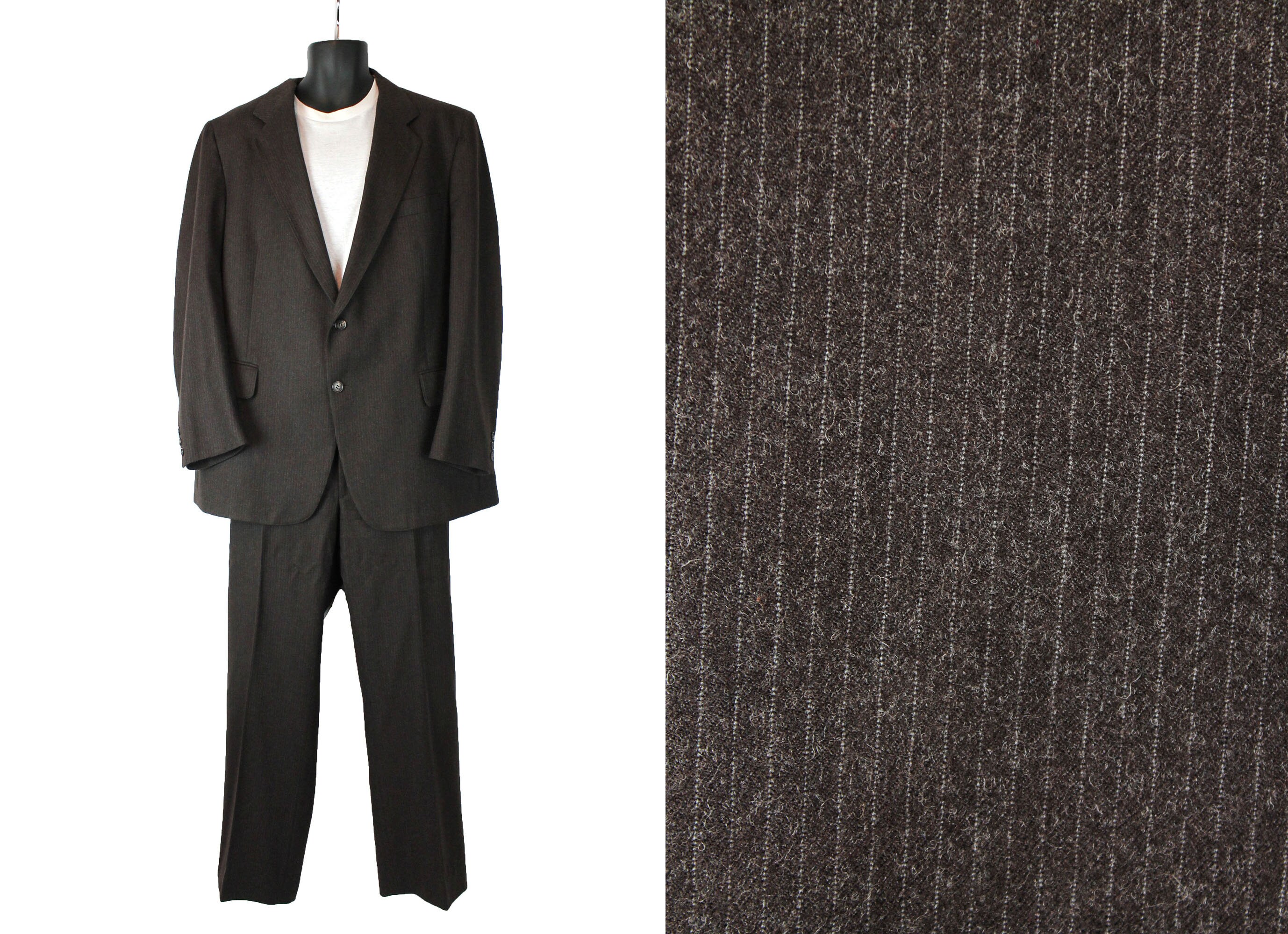 Vintage 2 Piece Suit 44L 42x30.5 Brown Wool Gray Pinstripe