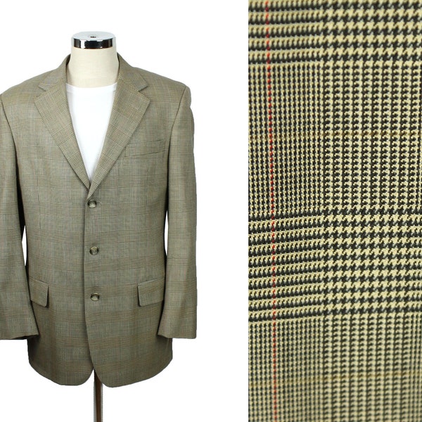 Glen Check Blazer 40L Vintage 90s Wool Beige Brown Gray Jos Bank  Jacket Coat