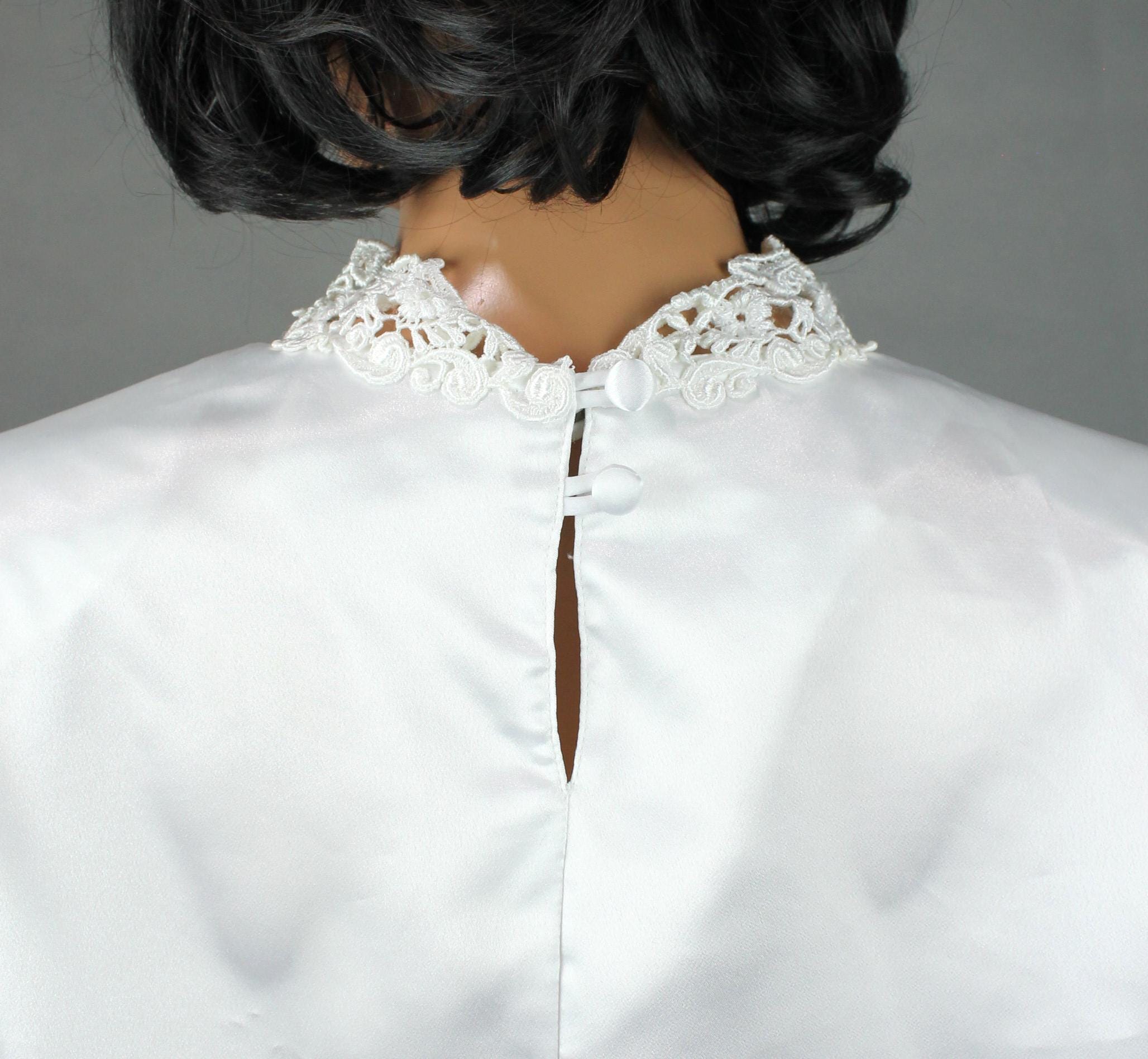 White Satin Blouse Sz 8 M Vintage 80s High Lace Turtleneck Collar 