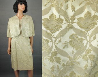 60s Dress Suit Sz L Vintage Beige Champagne Floral Satin Brocade Cocktail Gown