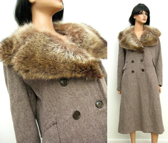 70s Vintage　Herringbone Tweed Coat Vintage Princess Coat Sz M - Vintage 70s Brown Herringbone Wool