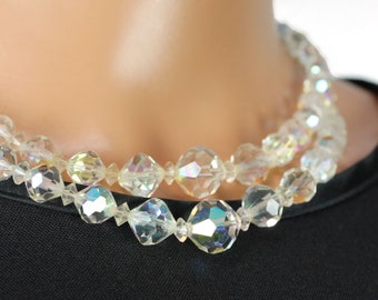 50s Crystal Necklace 17-19" Vintage 2 Strand Aurora Borealis Beaded Necklace