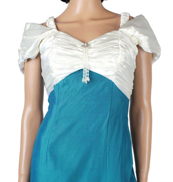 80s Prom Dress XS Vintage Teal Blue White Satin L… - image 2