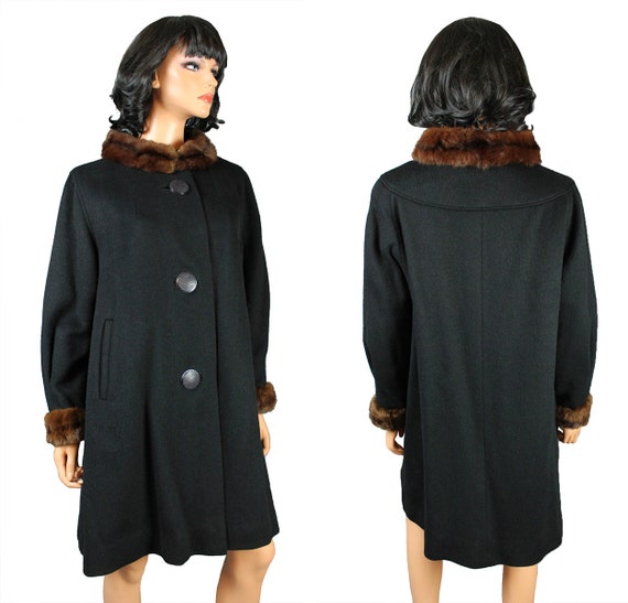 Vintage Swing Coat Sz L 50s 60s Black Wool Brown Fur Collar Cuffs