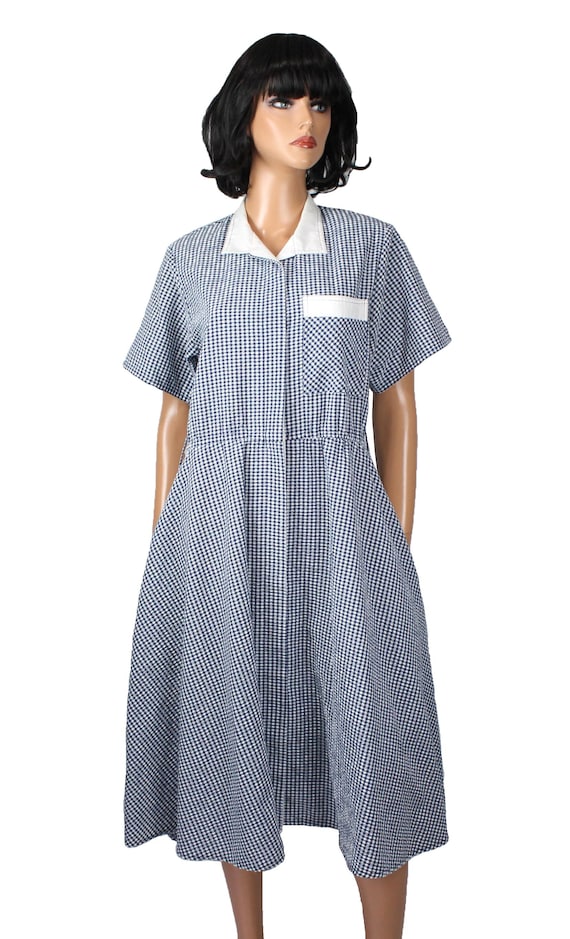 Seersucker Shirt Dress Sz M Vintage 80s Blue White Checked Cotton Blend -  Etsy Israel