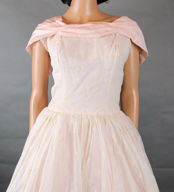 50s Wedding Gown XS S Long White Chiffon Pink Taf… - image 2