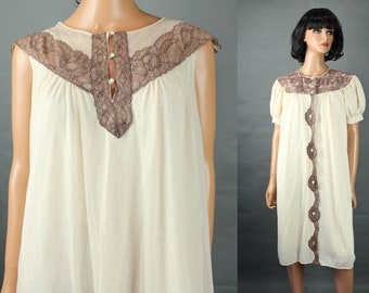 Vintage Peignoir Set Sz M L 60s Ivory Chiffon Brown Lace Shortie Nightgown Robe