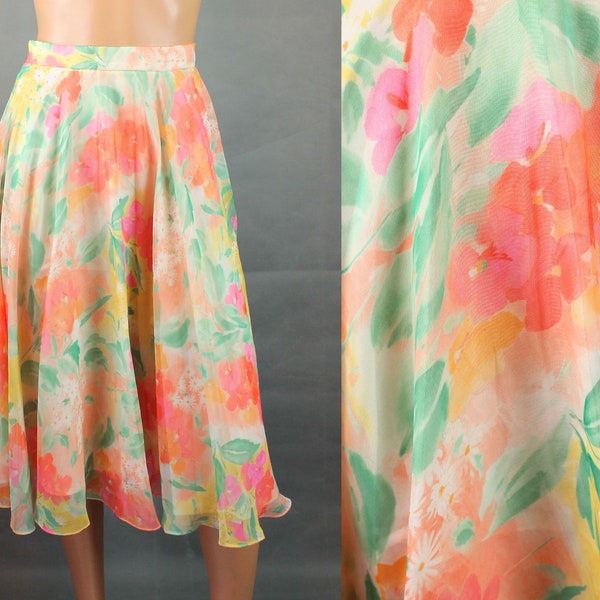 vintage Circle Skirt Sz XS vintage 80s Peach Green Pink Yellow Floral Chiffon