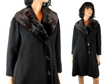 Abrigo vintage original talla M años 50 y 60, chaqueta de lana suave negra con cuello de piel de visón
