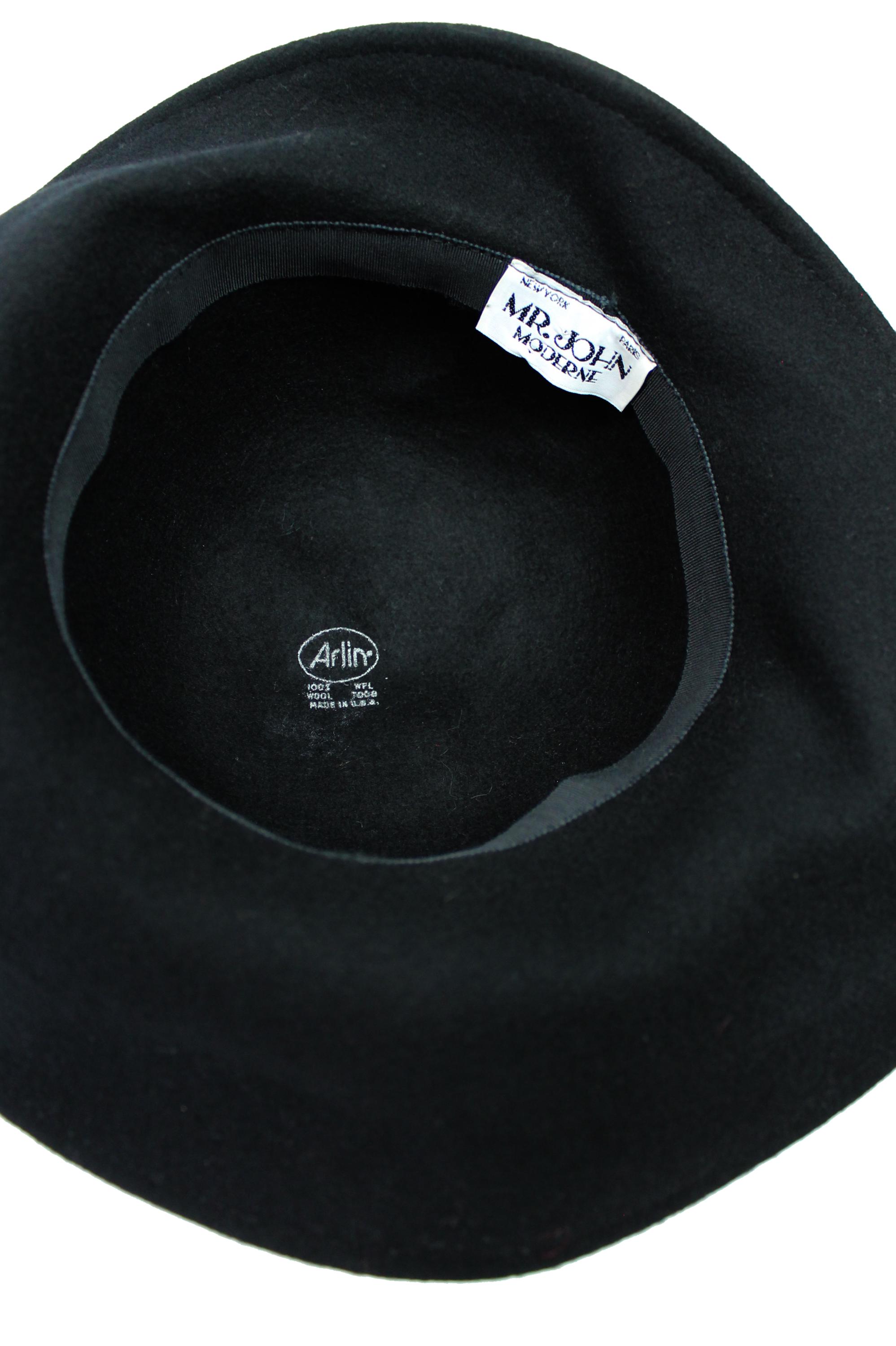Mr John Wide Brim Hat Sz L Vintage Black Wool Felt Glamorous 