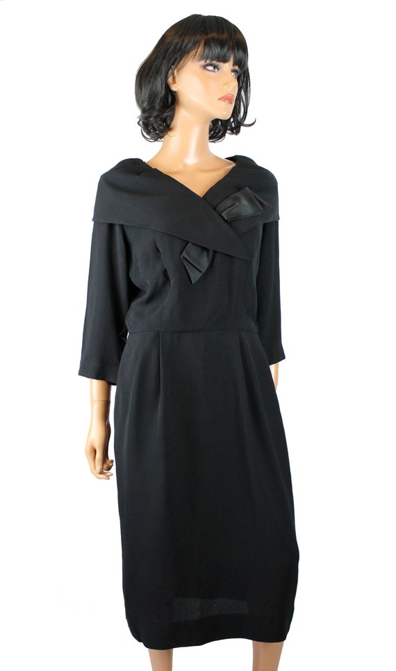 Vintage 40s Cocktail Dress M Black Wool Satin Sai… - image 3