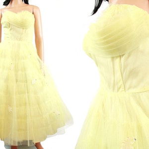 50s Prom Dress XS Vintage Yellow Tulle Strapless Tiered Cupcake Wedding Gown image 1