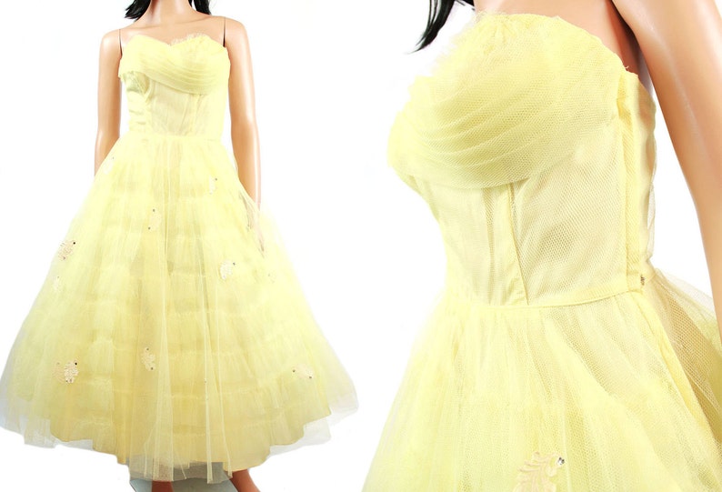 50s Prom Dress XS Vintage Yellow Tulle Strapless Tiered Cupcake Wedding Gown image 1