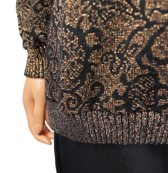 Vintage 80s Sweater M L Black Sparkly Gold Thin P… - image 3