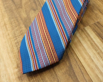 Vintage 70s Necktie Wembley Blue Yellow Red Striped Wide Width Mens Neck Tie