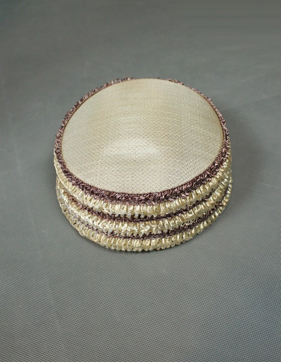 Vintage Pillbox Hat 50s Brown Ivory Beige Striped 