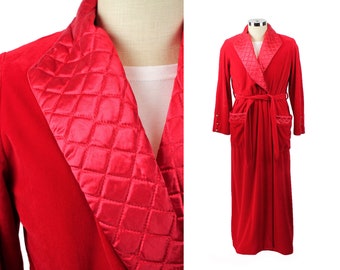 Mens Lounging Robe Sz S Vintage 80s Red Plush Velour Satin Smoking Jacket