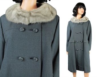 Mink Fur Collar Winter Coat L Vintage Dark Gray Wool Long Princess Jacket