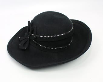 Mr John Wide Brim Hat  Sz L Vintage Black Wool Felt Glamorous Rhinestone Accent