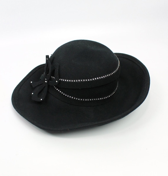 Mr John Wide Brim Hat Sz L Vintage Black Wool Felt Glamorous  display picture 1