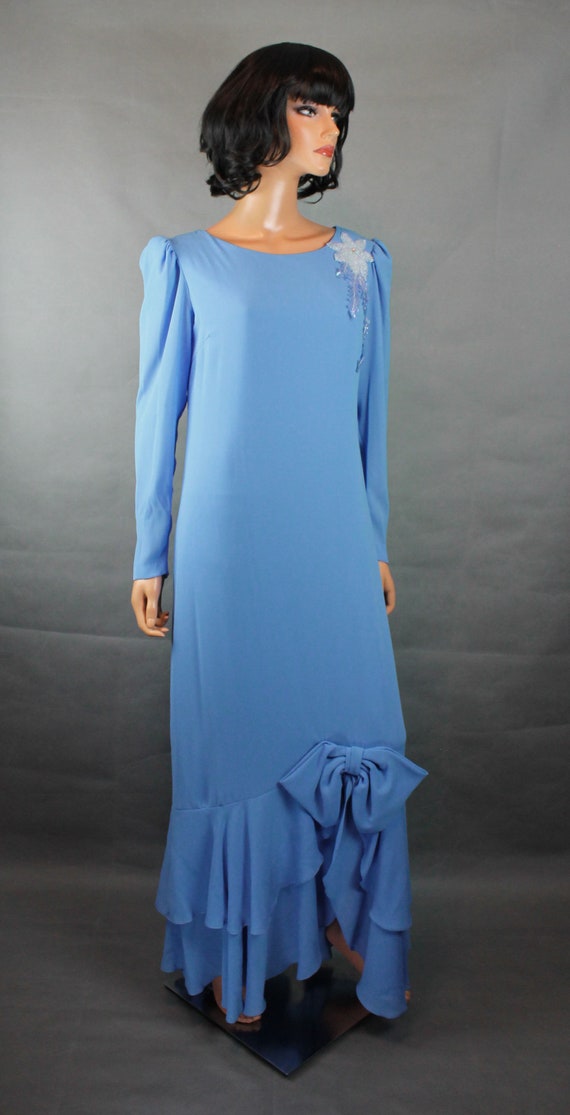 80s Cocktail Gown Sz M Vintage Blue Beaded Long S… - image 5