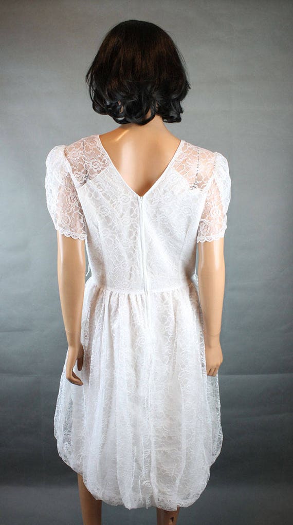 White Lace Dress Sz M Vintage 80s Short Sleeve Tea Length Party Prom Gown