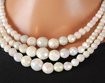 3 Strand Choker 16" Vintage 50s White Aurora Borealis Crystal Bead Necklace
