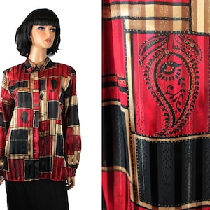 Vintage Dress Shirt Sz L Red Black Gold Satin Chiffon Shiny Long Sleeve Blouse