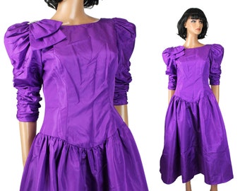 80s Prom Dress Sz S Vintage Purple Taffeta Puff Short Sleeve Flared Skirt Gown