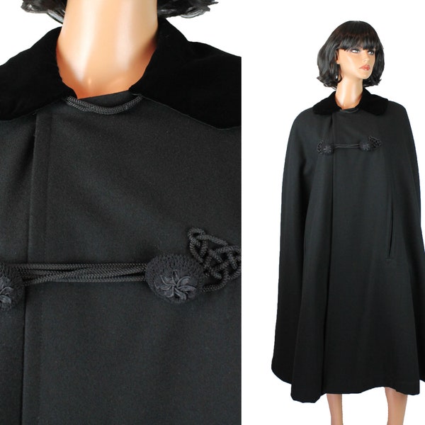 Vintage 50s Cloak sz 46 XL XXL 2X Long Black Wool Velvet Collar Unisex Cape