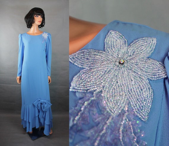 80s Cocktail Gown Sz M Vintage Blue Beaded Long S… - image 1